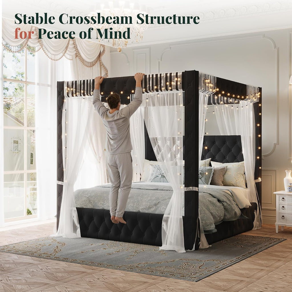 Jocisland King Canopy Bed Frame Velvet Upholstered Headboard, Black
