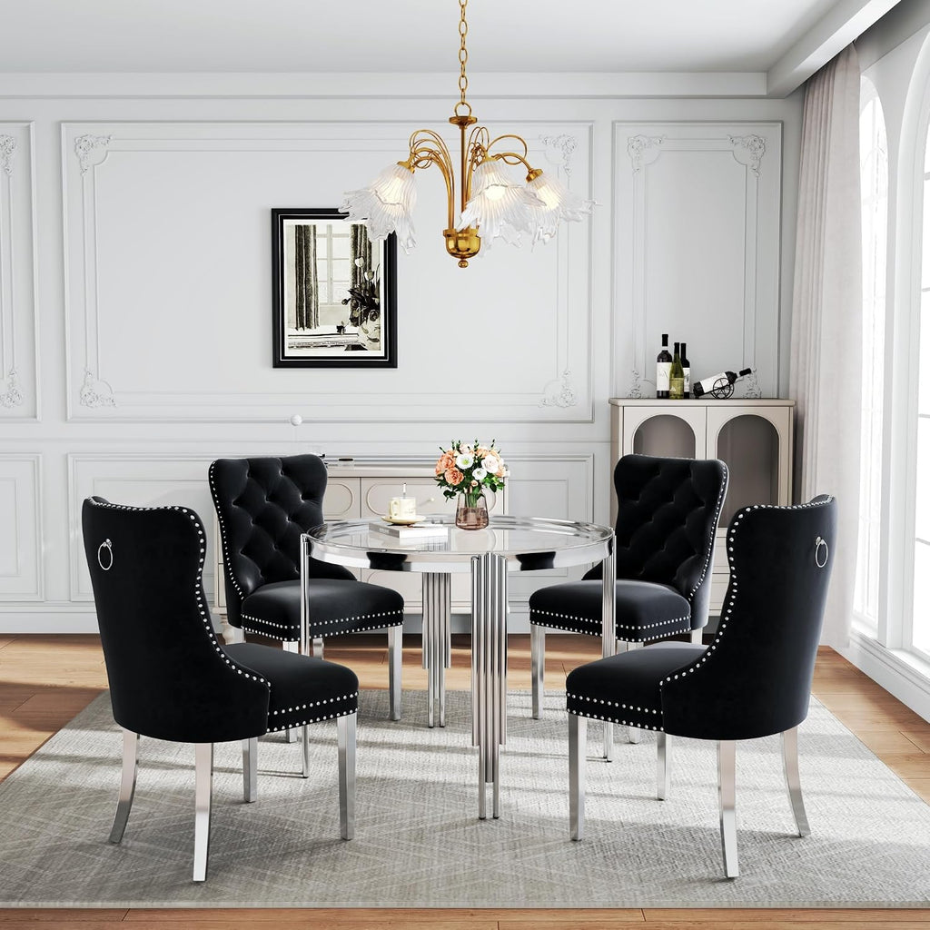 Luxury Round Glass Silver Dining Table Set for 4, 5-Piece Modern Kitchen Table Set with 4 Black Velvet Chairs for Kitchen Dining Room Apartment