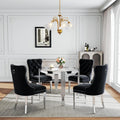 Luxury Round Glass Silver Dining Table Set for 4, 5-Piece Modern Kitchen Table Set with 4 Black Velvet Chairs for Kitchen Dining Room Apartment