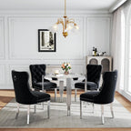 Luxury Round Glass Silver Dining Table Set for 4, 5-Piece Modern Kitchen Table Set with 4 Black Velvet Chairs for Kitchen Dining Room Apartment