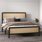 CABIHOME Rattan Queen Size Bed Frame with Natural Cane Headboard, Boho Platform Bed Frame, No Box Spring Needed, Noise-Free, Easy Assembly, Natural