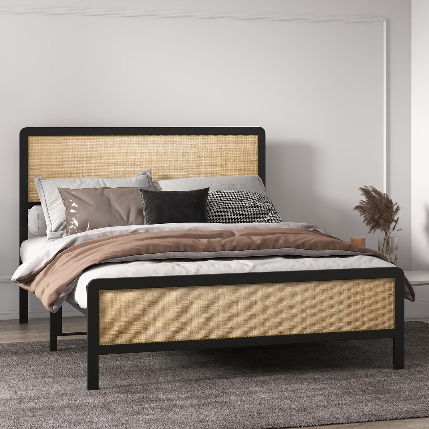 CABIHOME Rattan Queen Size Bed Frame with Natural Cane Headboard, Boho Platform Bed Frame, No Box Spring Needed, Noise-Free, Easy Assembly, Natural