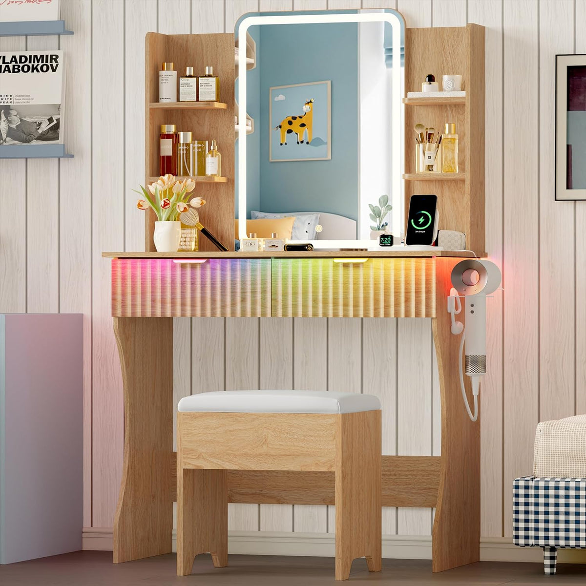 Vanity Desk with LED Lights Mirror & Power Outlet, Small Makeup Vanity Table Set with Storage Drawers & Chair, 3 Lighting Modes & Adjustable Brightness, Dressing Table for Women Girls Bedroom, Oak