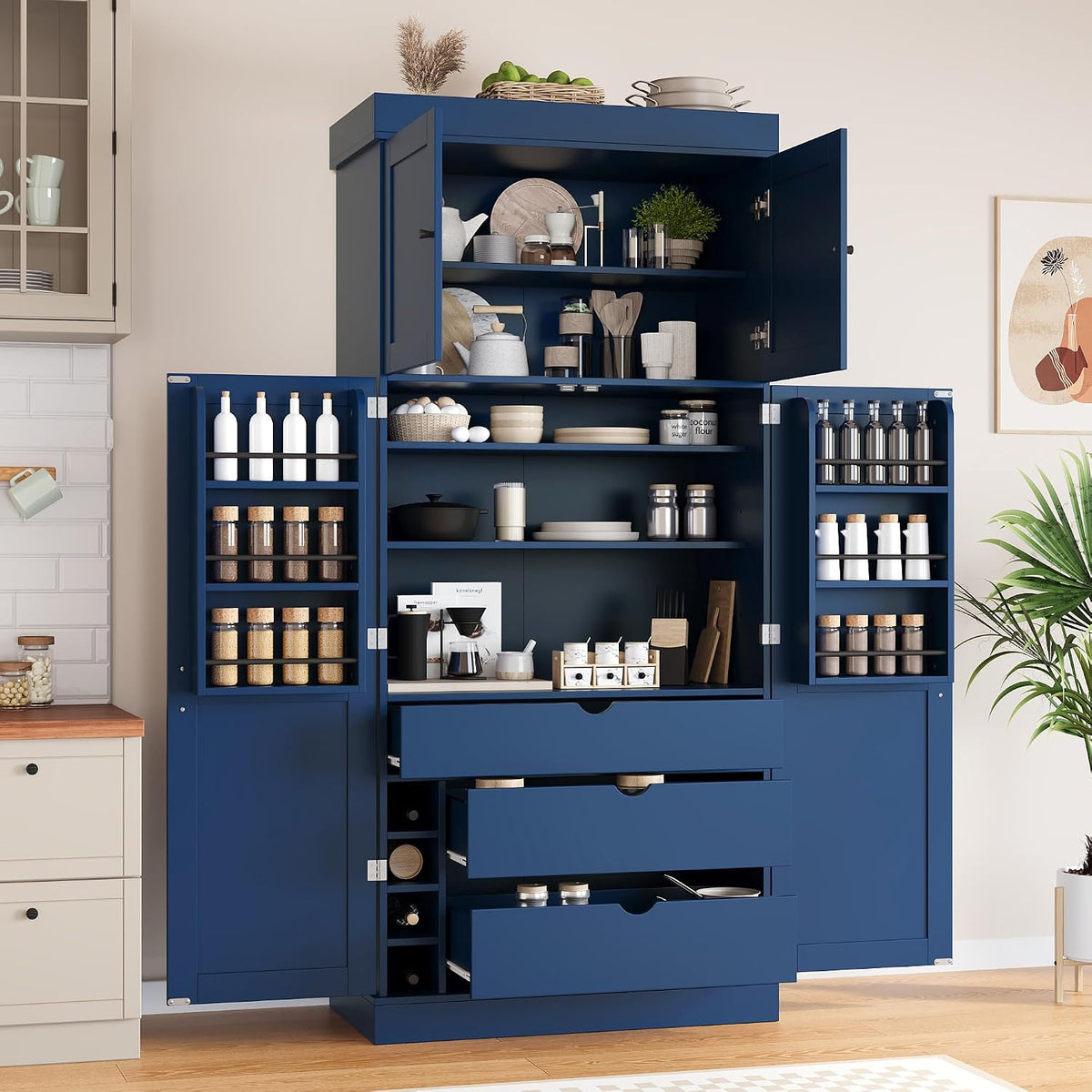 Merax 77''Tall Freestanding Kitchen Pantry,Farmhouse Tall Storage Cabinet with 2 Standard Plugs and 2 USB Ports,Wood Food Pantry with Adjustable Shelves,Door Shelves, Drawers and Wine Racks,Blue