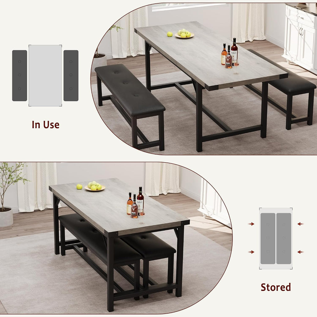 IDEALHOUSE 63" 3 Piece Extendable Dining Table Set for 4-6, Rectangle Wooden Kitchen Table with 2 Soft Benches Set for 6, Sturdy Metal Frame, Dinette Table Set for Apartment, Kitchen, Rustic Gray
