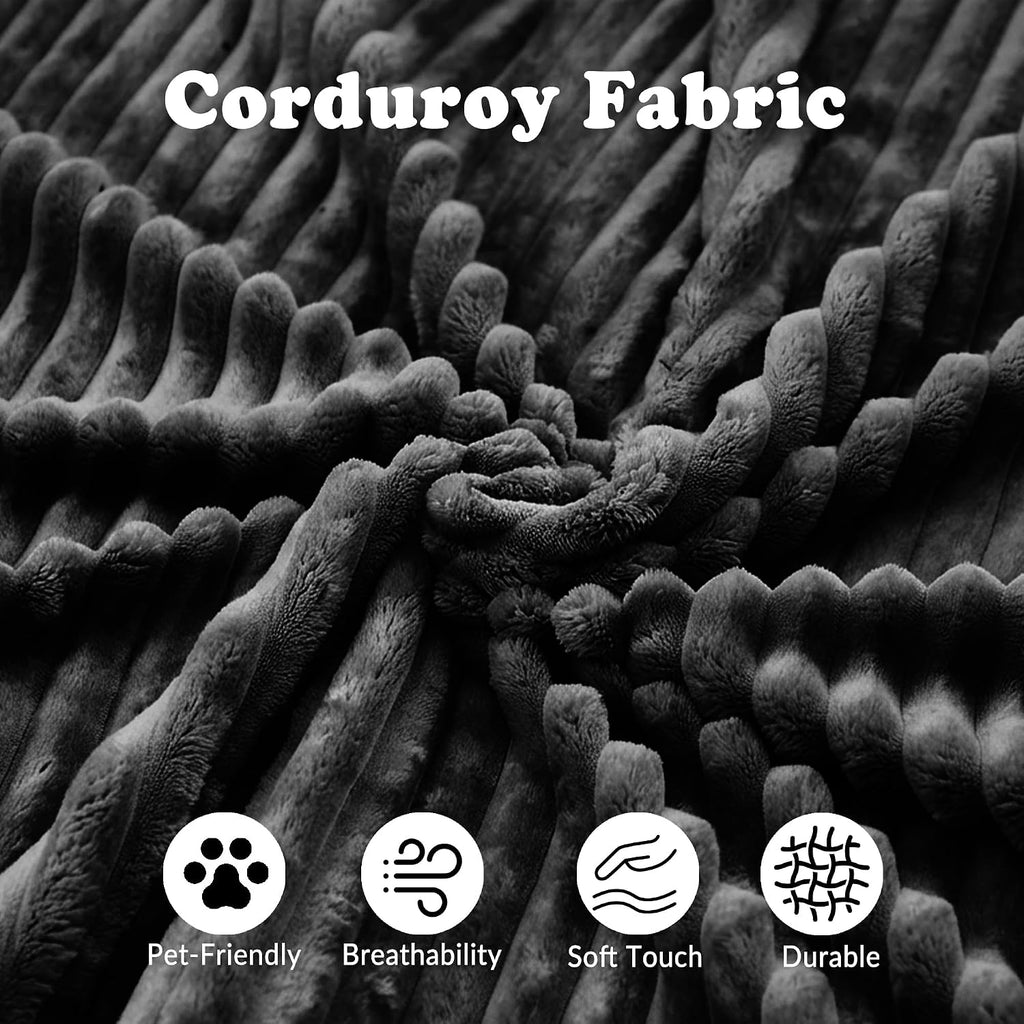 107" W Corduroy Sectional Cloud Couch with Chaise & Ottoman, No Assembly Required, U Shaped Modular Sectional Sofa, Cozy Fluffy Sofa for Living Room (Black, Left Facing Chaise+Ottoman)