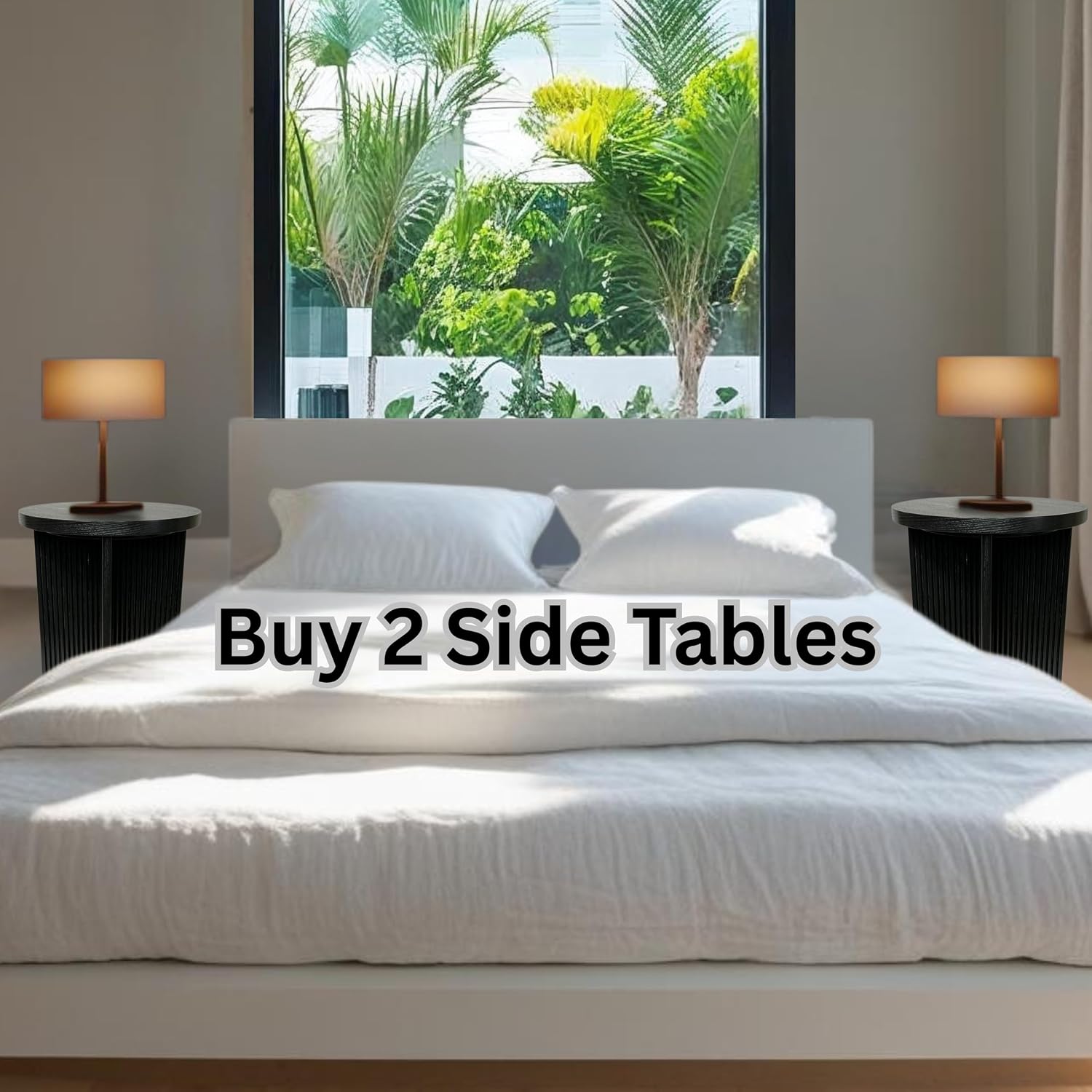 Fluted Side Table, Small Oak End Tables, Round Top, Living Room Side Table, Solid Natural Oak Wood X Base, Black Accent Bedside Table With Double Veneer Top, Size 22.5 with Levelers Included