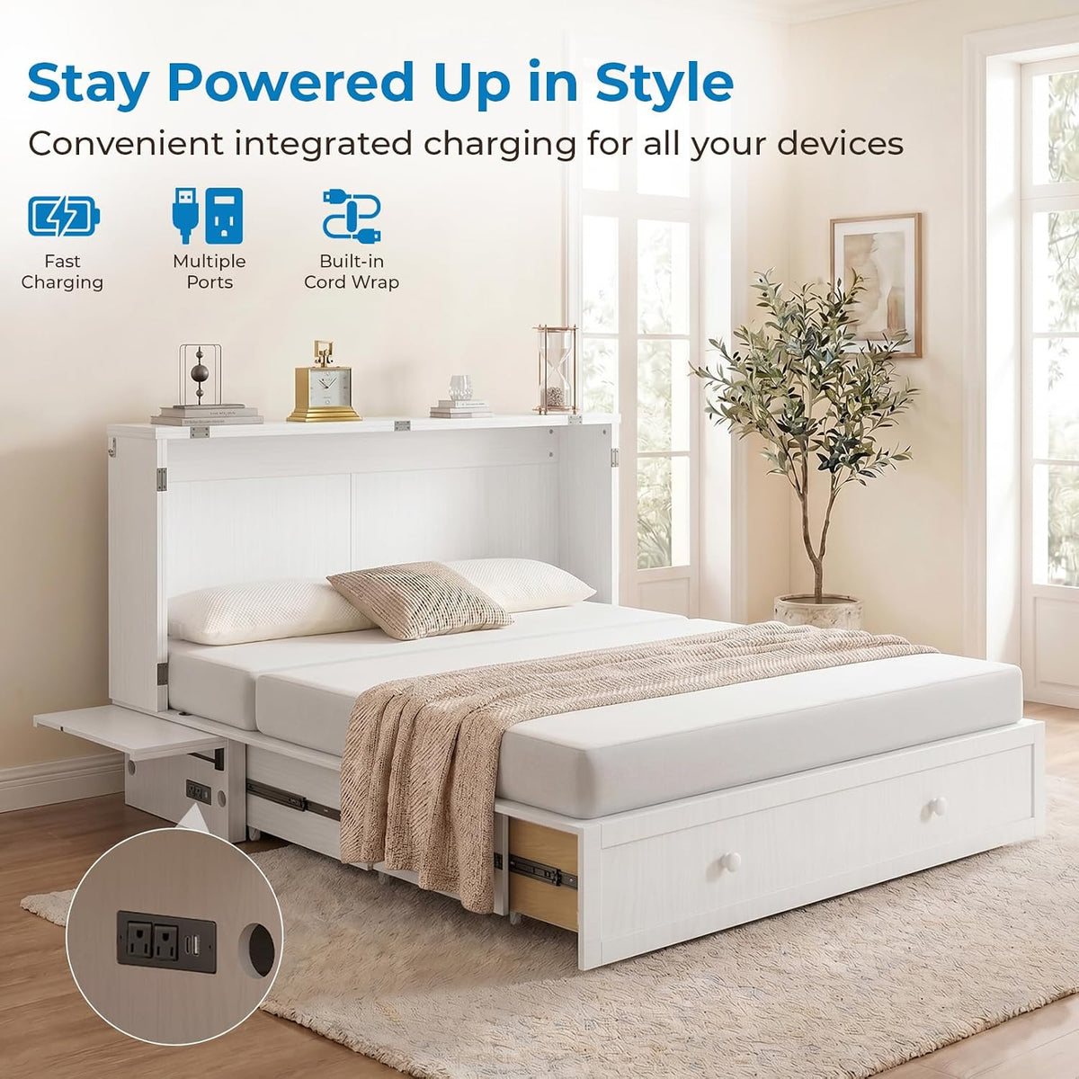 Mjkone Murphy Bed Cabinet Queen with Tri-Fold Mattress Included & USB Charging Station, Modern Versatile Solid Wood Chest Cabinet Wall Bed with Drawers, Adult Guest Beds for Apartment Bedroom - White
