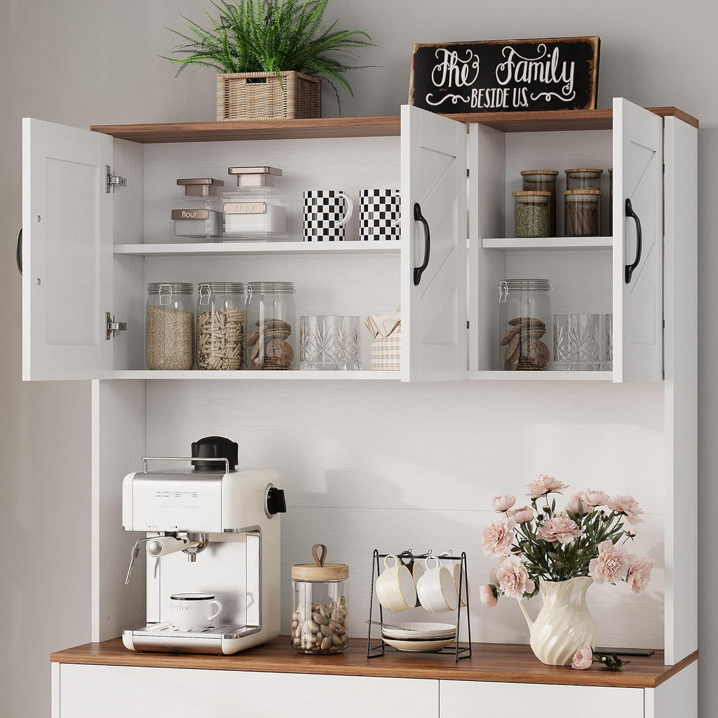Garvee 71" Kitchen Pantry Cabinet with Charging Station, Kitchen Hutch Storage Cabinet with Large Countertop & 2 Drawers, Wood Farmhouse Food Pantry Cabinet for Dining Room, Living Room, White