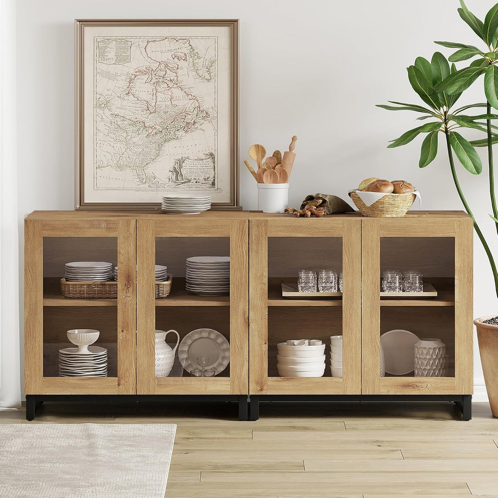 WAMPAT Sideboard Buffet Cabinets, Modern Credenza Sideboard with Adjustable Shelf and Metal Base, Coffee Bar Cabinet Accent Storage Cabinet for Living Room, Kitchen, Oak-A, 2 Pcs