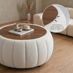 Ottoman Coffee Table for Living Room, Wooden Top Large Storage Ottoman, 30 Inches Round Coffee Table, Pumpkin Shaped Side Table, Multifunctional Teddy Fabric Footstool (White)