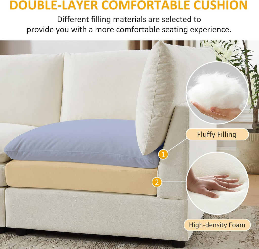 VANOMi U Shape Modular Sectional Sofa Couch for Living Room, Oversized Modern Sleeper Cloud Couch with Deep Seat Double-Layer Thick Cushion Ottoman, Convertible Upholstered Sofa Set, Ivory White