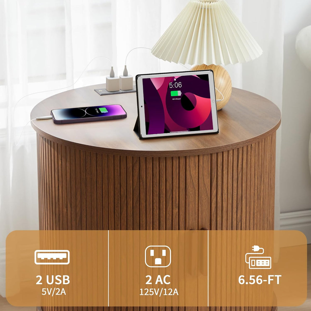 AVZEAR 24" Large Round End Table with Charging Station, Farmhouse Fluted Sofa Side Table with Sliding Tambour Door & Storage, Mid-Century Wood Nightstand for Living Room, Bedroom, Walnut