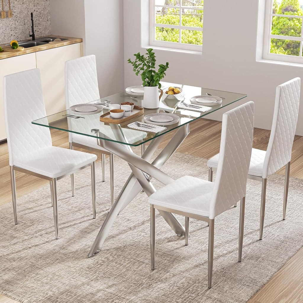 47.24 Inch Glass Dining Table, Rectangular Kitchen Glass Table for 4 People, Modern Dining Room Table for Dinner Kitchen Dining Room(Silver)
