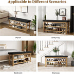 2 Tier Shoe Rack Bench with Cushion, Rubberwood Shoe Benches, Mid-Century Modern Shoe Storage Bench for Entryway, Hallway, Living Room, Closet, Front Door Entrance, Black
