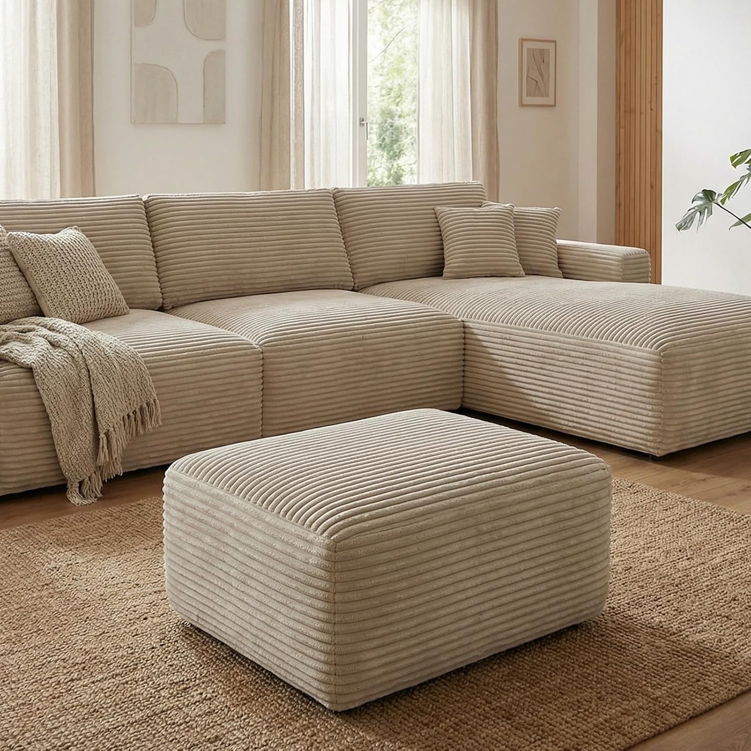 EVLIQUIL Large Ottoman Foot Rest 37" Beige, Sofa Couch Ottomon with Soft Long-Pile Fabric, High Resilience Foam & Spring Support, Ottoman for Living Room Extra Seating