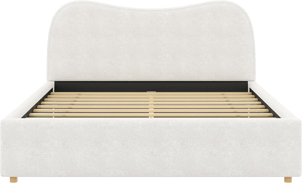 SOFTSEA Queen Size Cloud Bed Frame with Headboard, Boucle Upholstered Platform Bed Frame with Soft Rounded Corners, Wood Slat Support, No Box Spring Needed, Noise-Free, White