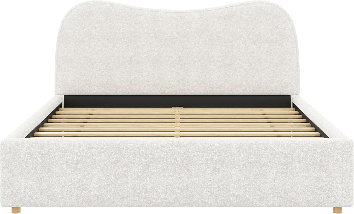 SOFTSEA Queen Size Cloud Bed Frame with Headboard, Boucle Upholstered Platform Bed Frame with Soft Rounded Corners, Wood Slat Support, No Box Spring Needed, Noise-Free, White