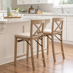 Linon Triena X Back Neutral Greywash Wooden Fully Assembled Folding 24 Inch Seat Height Counter Stool with Beige Upholstered Seat