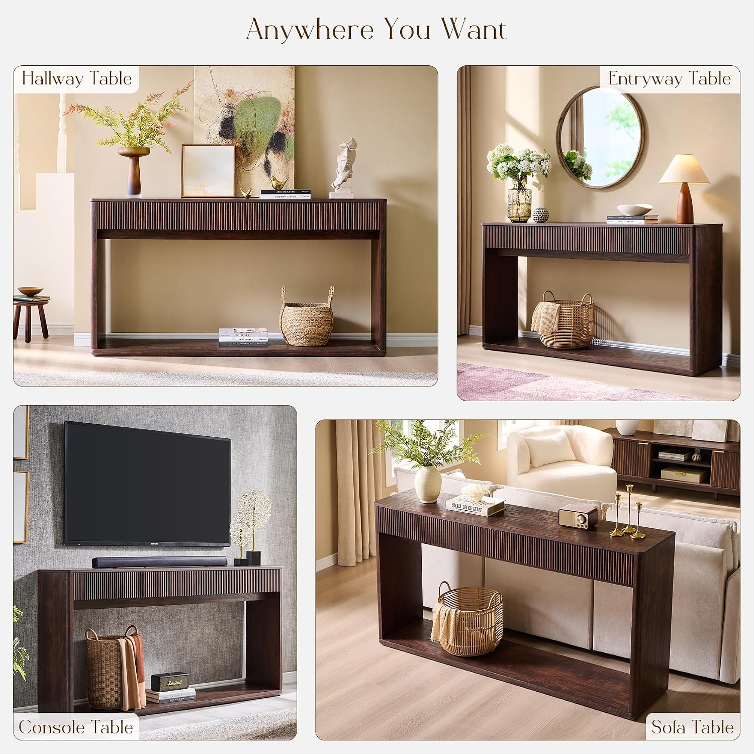 OKD 63" Fluted Console Table for Entryway with 2 Large Drawers, Dark Walnut | Modern Entryway Table, Long Sofa Table Behind Couch for Living Room, Hallway, Couch, Foyer, Versatile Storage