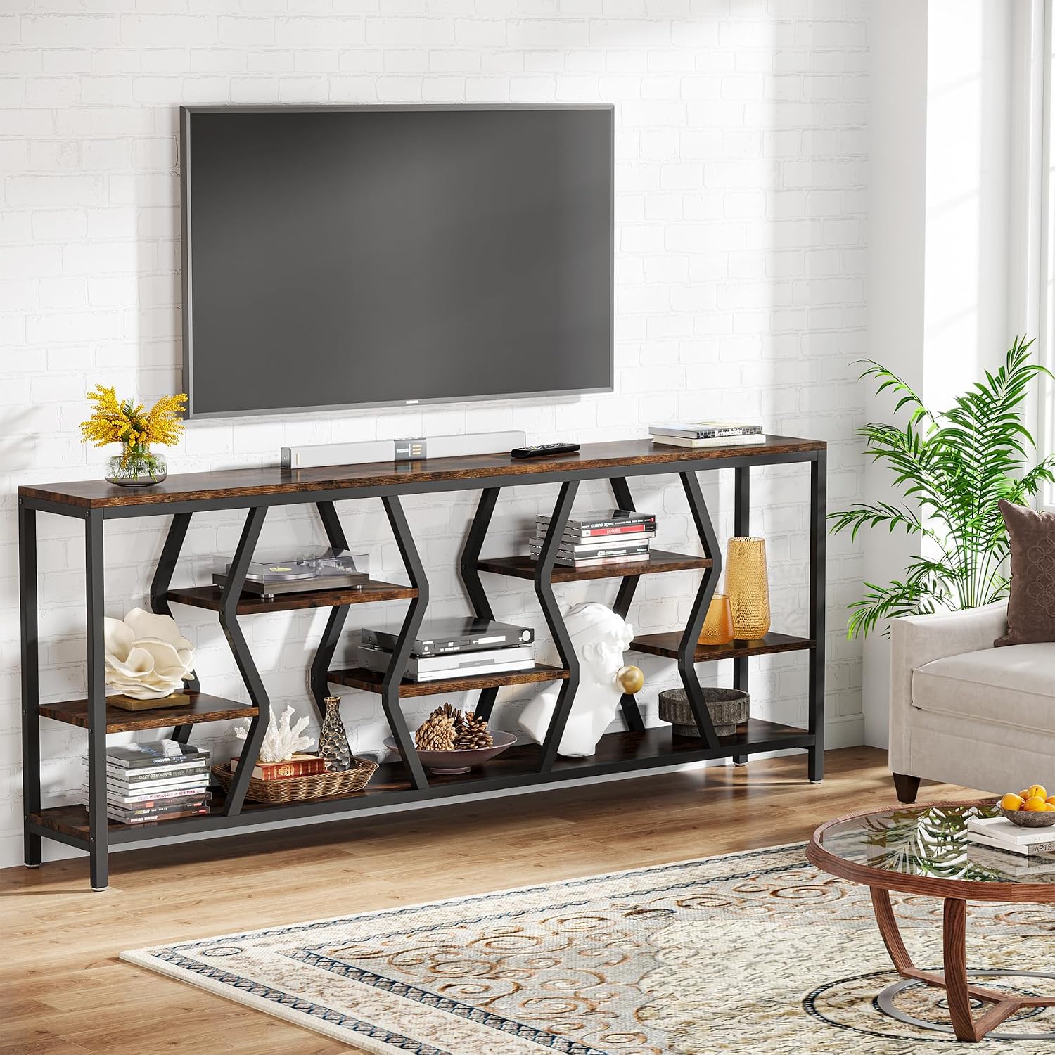 Tribesigns 70.9" Sofa Console Table with Storage Shelves (Rustic Brown) | 4 Tier Industrial Extra-Long Narrow Entryway Accent Tables for Hallway, Living Room, Foyer