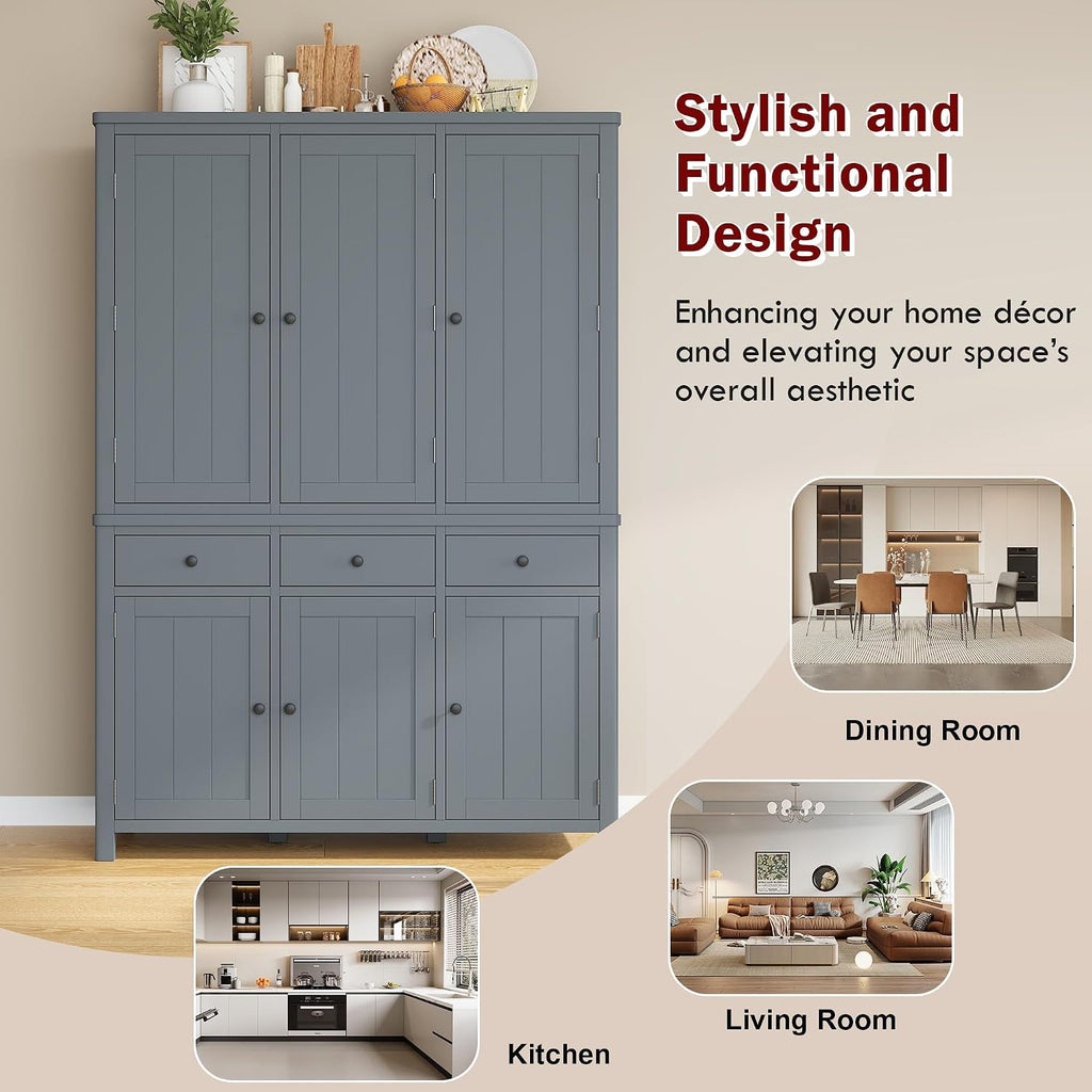 Harper & Bright Designs Kitchen Pantry Storage Cabinet with Door Shelves, Adjustable Shelves, Pull-Out Trays and Drawers, Freestanding Cupboard for Kitchen, Dining Room, Living Room,Grey