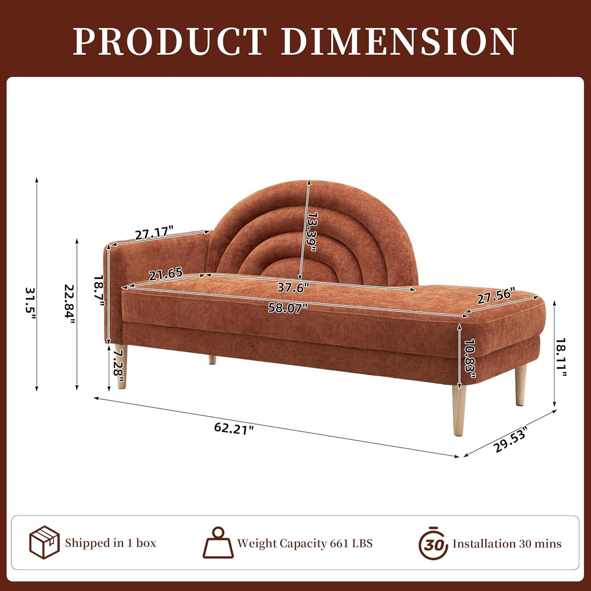 62.2" Linen Chaise Lounge Chair Indoor with Right Armres, Ocher Orange | Small Chaise Lounge for Bedroom, Recliner Chair Lounge Sofa for Office/Living Room, Comfy Wooden Chaise Lounge Couch