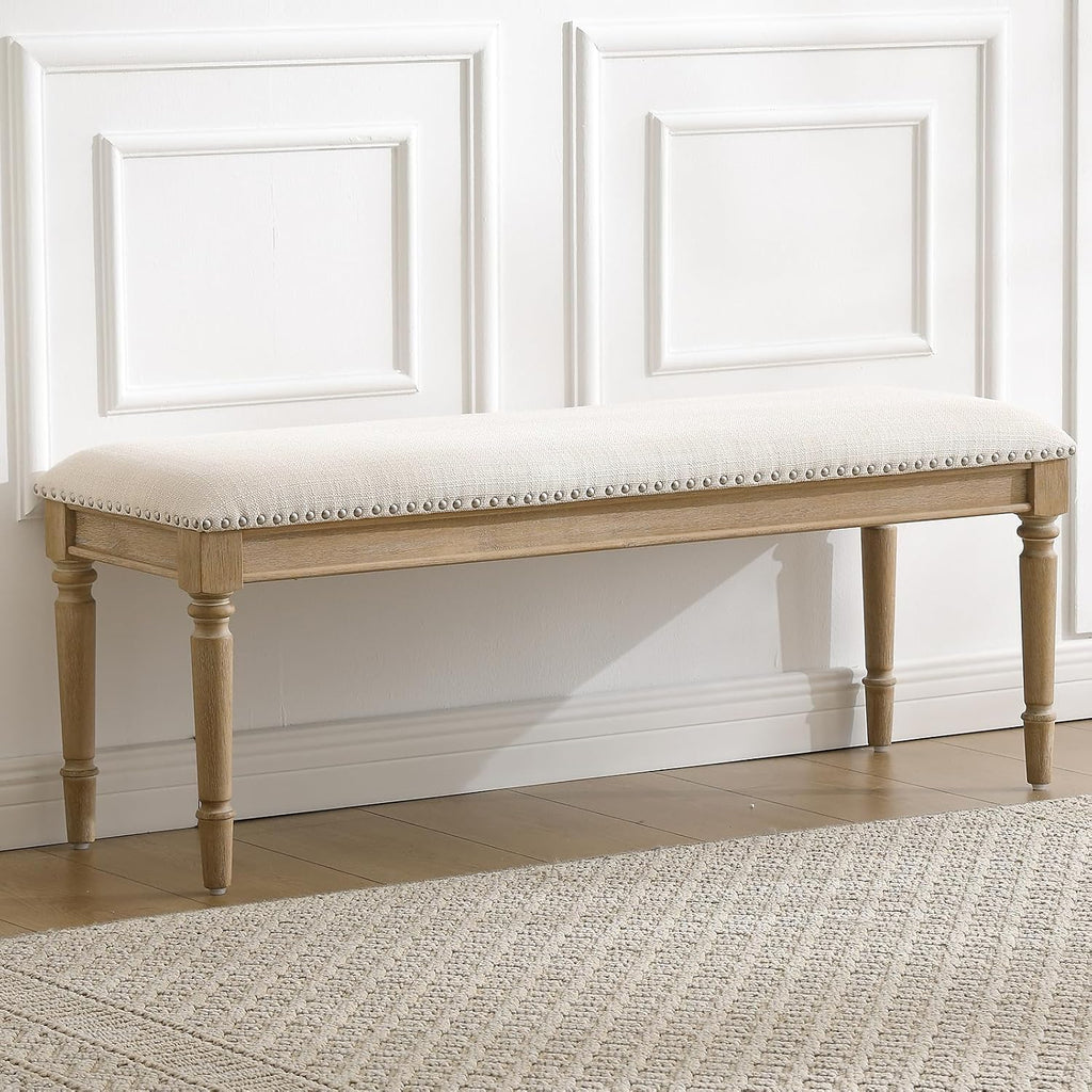 chairus Farmhouse Dining Bench 46" Wooden Entryway Bench with Padded Seat and Nailhead Trim for Kitchen Bedroom,Indoor and Hallway, Beige Linen