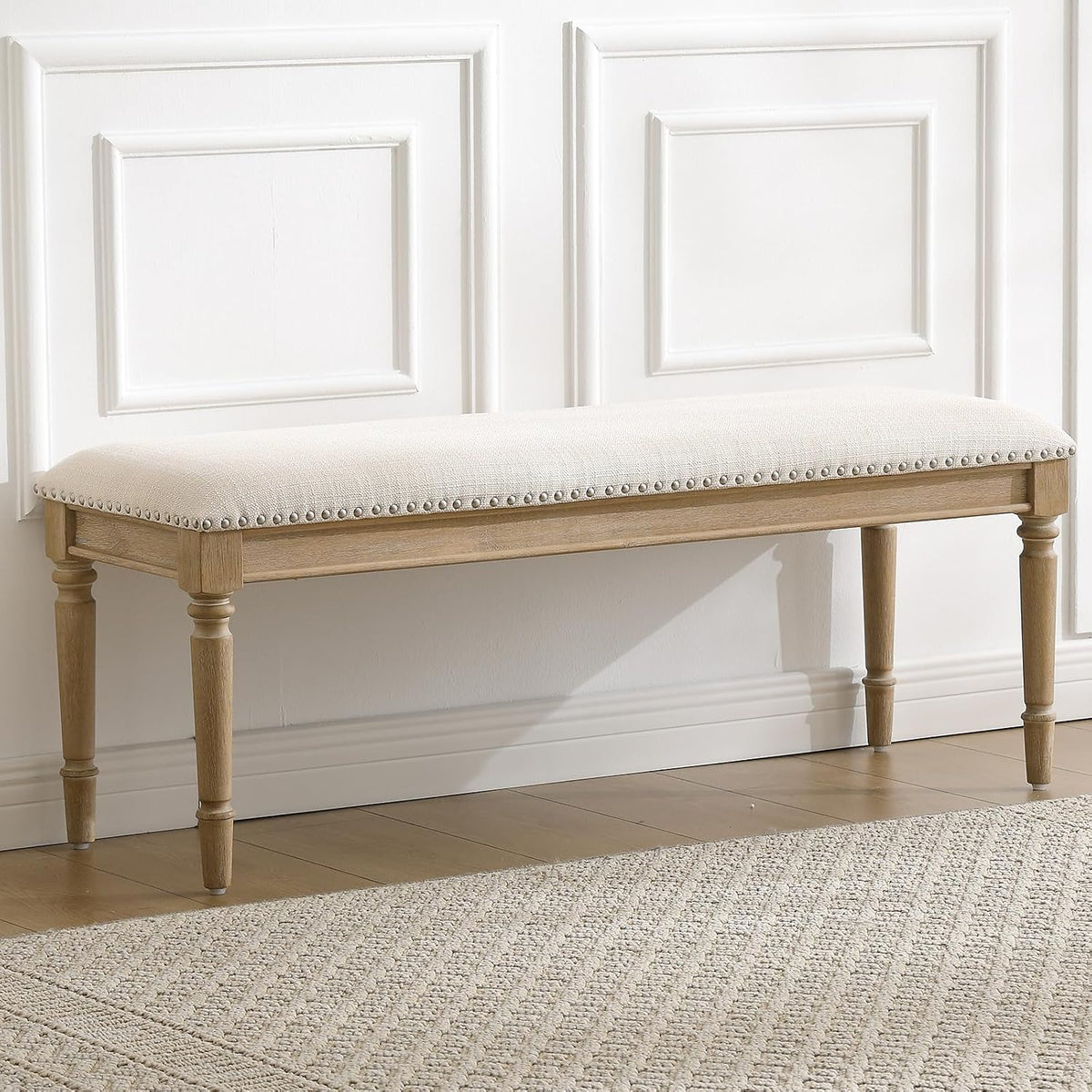 chairus Farmhouse Dining Bench 46" Wooden Entryway Bench with Padded Seat and Nailhead Trim for Kitchen Bedroom,Indoor and Hallway, Beige Linen