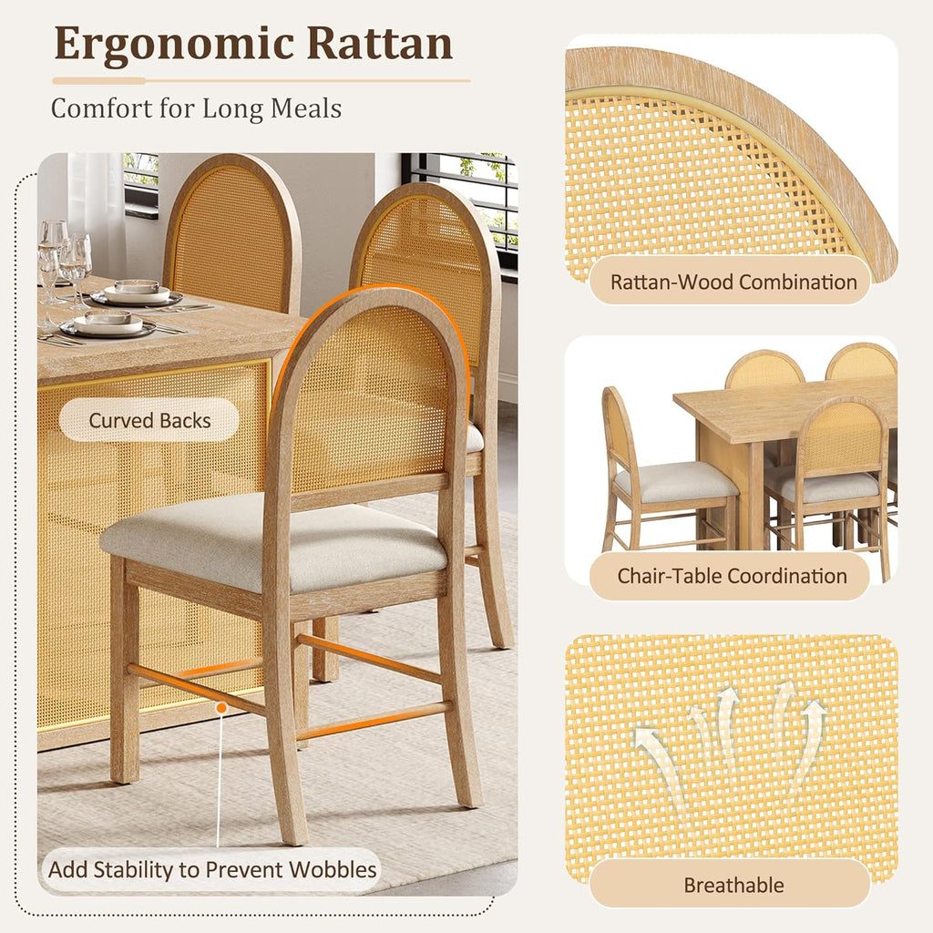 LUMISOL 7-Piece Dining Table Set with 6 Chairs, Rectangular Kitchen Table Set with 6 Rattan Chairs for Kitchen, Dining Room, Natural+Beige