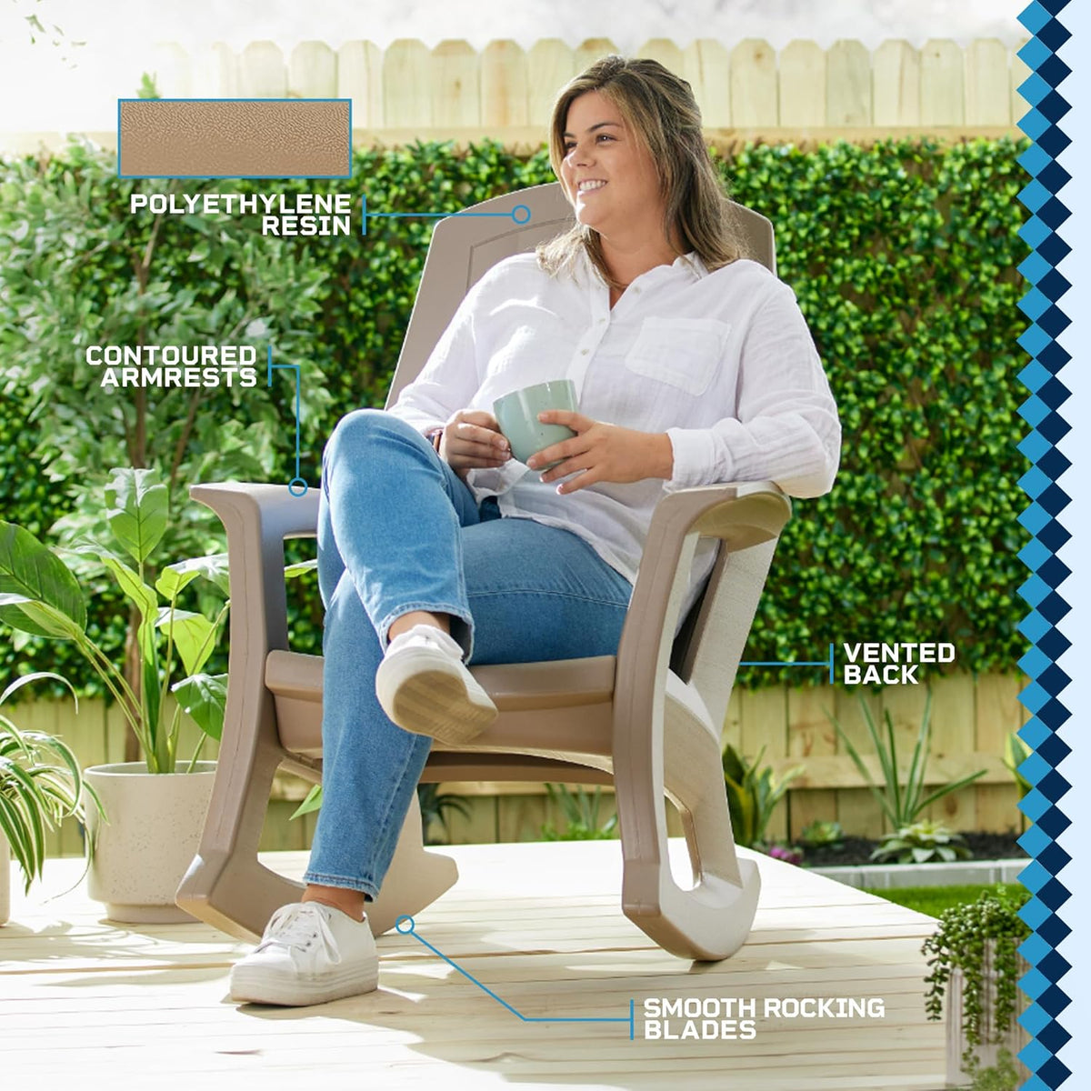 Semco Plastics Rockaway Heavy Duty Polyethylene All Weather Outdoor Rocking Chair with Backrest and Armrests for Porch, Deck and Patio, Taupe