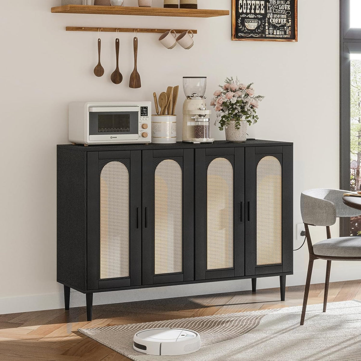 Patikuin Rattan Sideboard Buffet Cabinet, Boho Accent Storage Cabinet, 4 Doors Console Table Coffee Bar with Power Outlet, Adjustable Shelves for Kitchen, Dining Room, Hallway, Living Room (Black_2)
