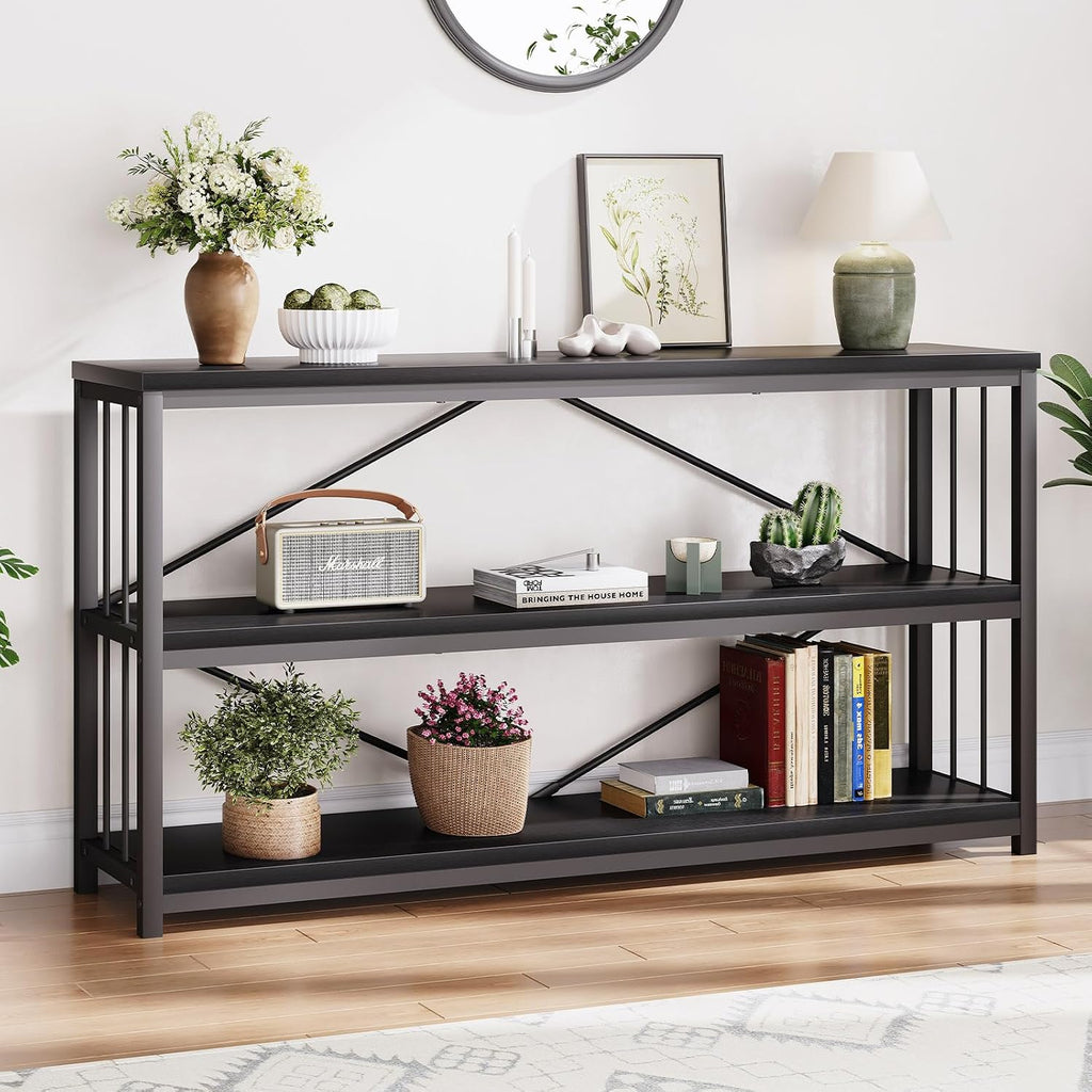 LVB Black Console Table, Modern Entryway Table, Black Oak, 55 in | Industrial Sofa Tables Behind Couch for Hallway Living Room, Farmhouse Wooden Metal Tables with 3-Tier Storage Shelves