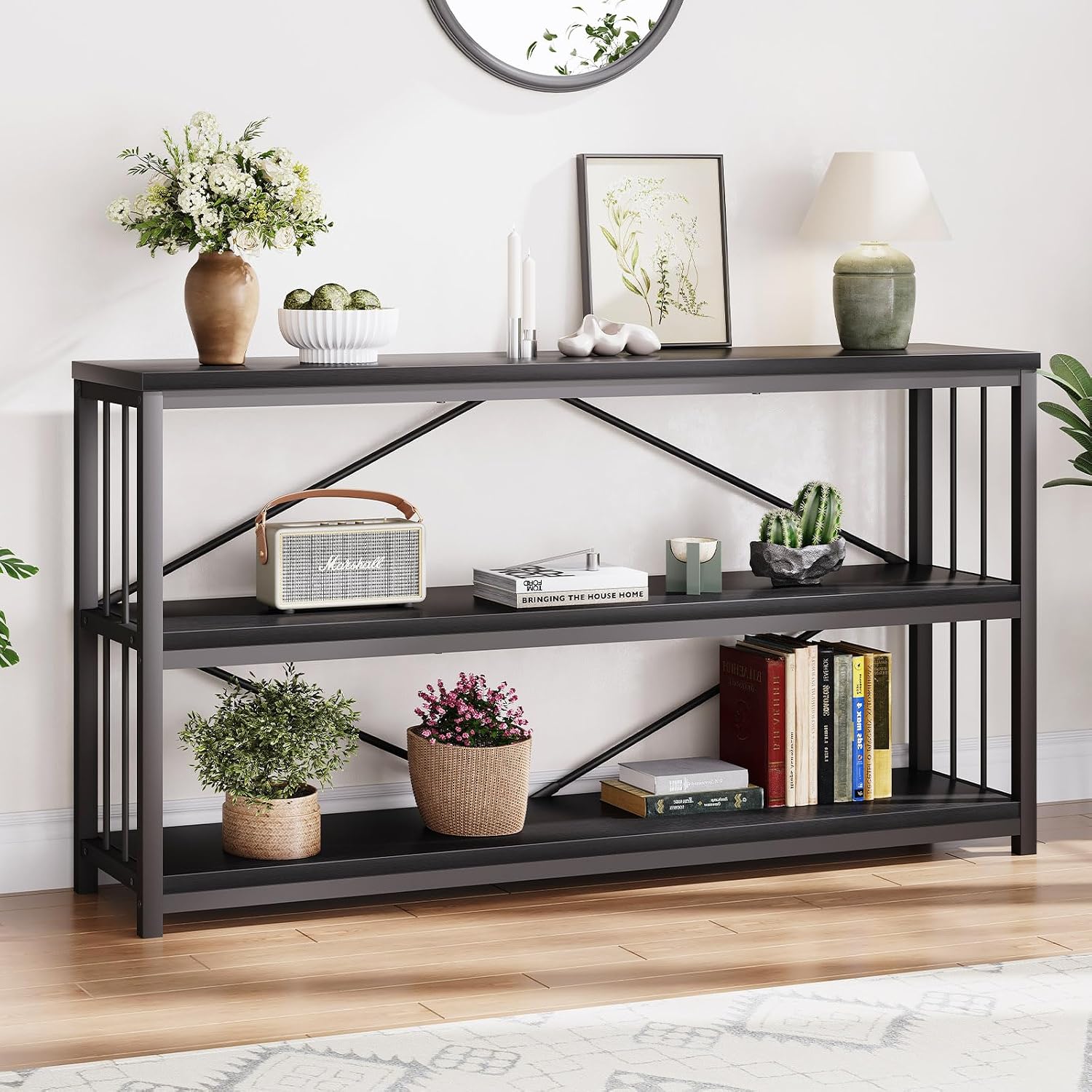 LVB Black Console Table, Modern Entryway Table, Black Oak, 55 in | Industrial Sofa Tables Behind Couch for Hallway Living Room, Farmhouse Wooden Metal Tables with 3-Tier Storage Shelves