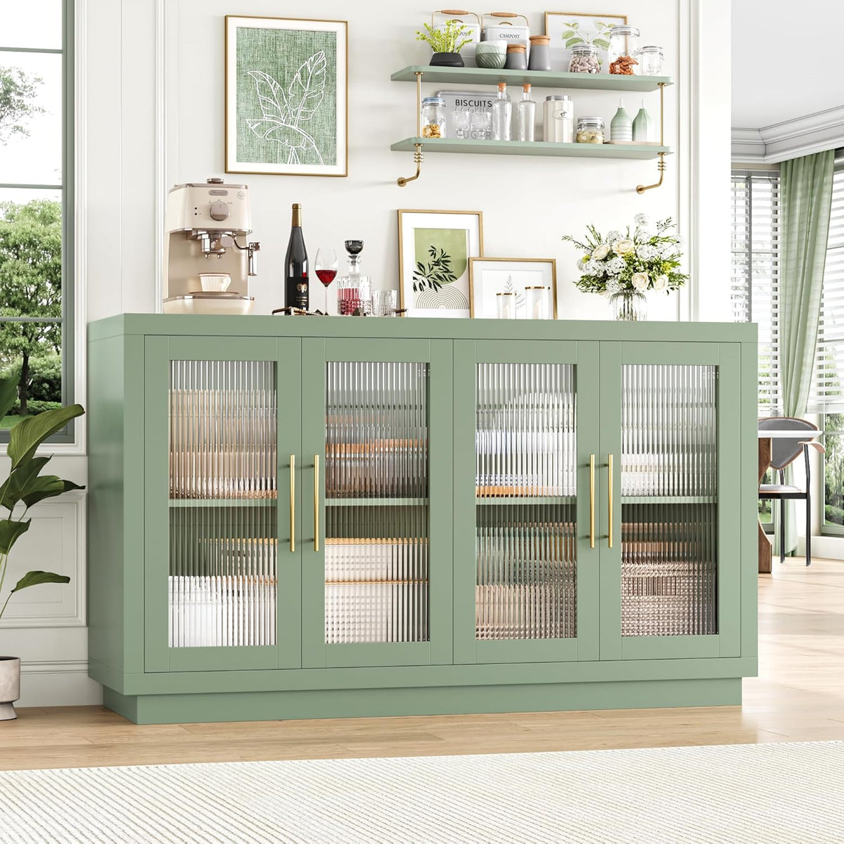 FOTOSOK Buffet Cabinet with Storage, 55.1" Large Sideboard Cabinets, Modern Sideboard Kitchen Cabinet with 4 Fluted Glass Doors, Wood Coffee Bar Buffet Table for Kitchen, Green