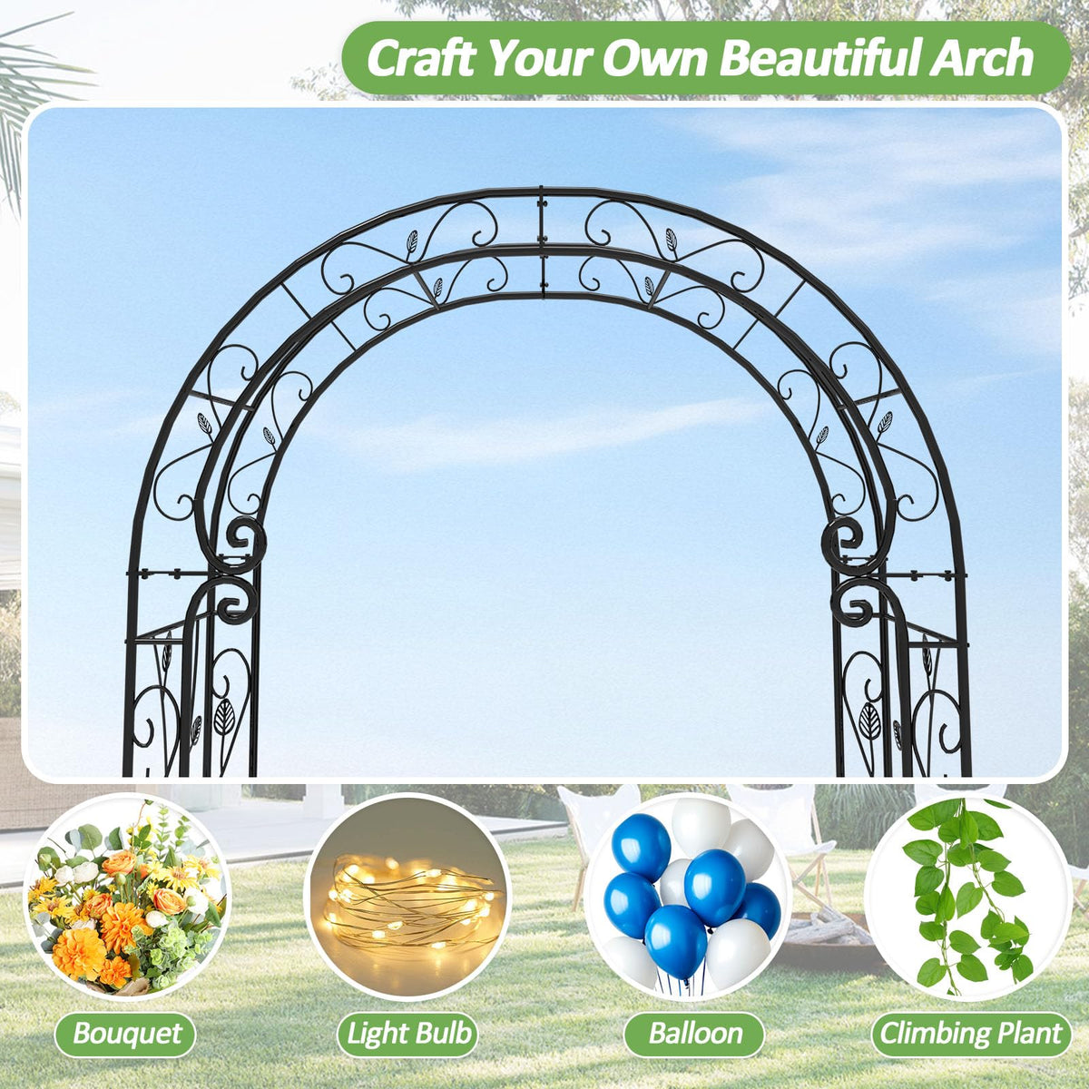 Trellume Garden Abor - 88"(H)*51"(L), Sturdy Metal Garden Arch with Rust-Resistant Finish, Trellis for Climbing Plants Outdoor, Ideal as Wedding Arches for Ceremony（20MM Pipe）
