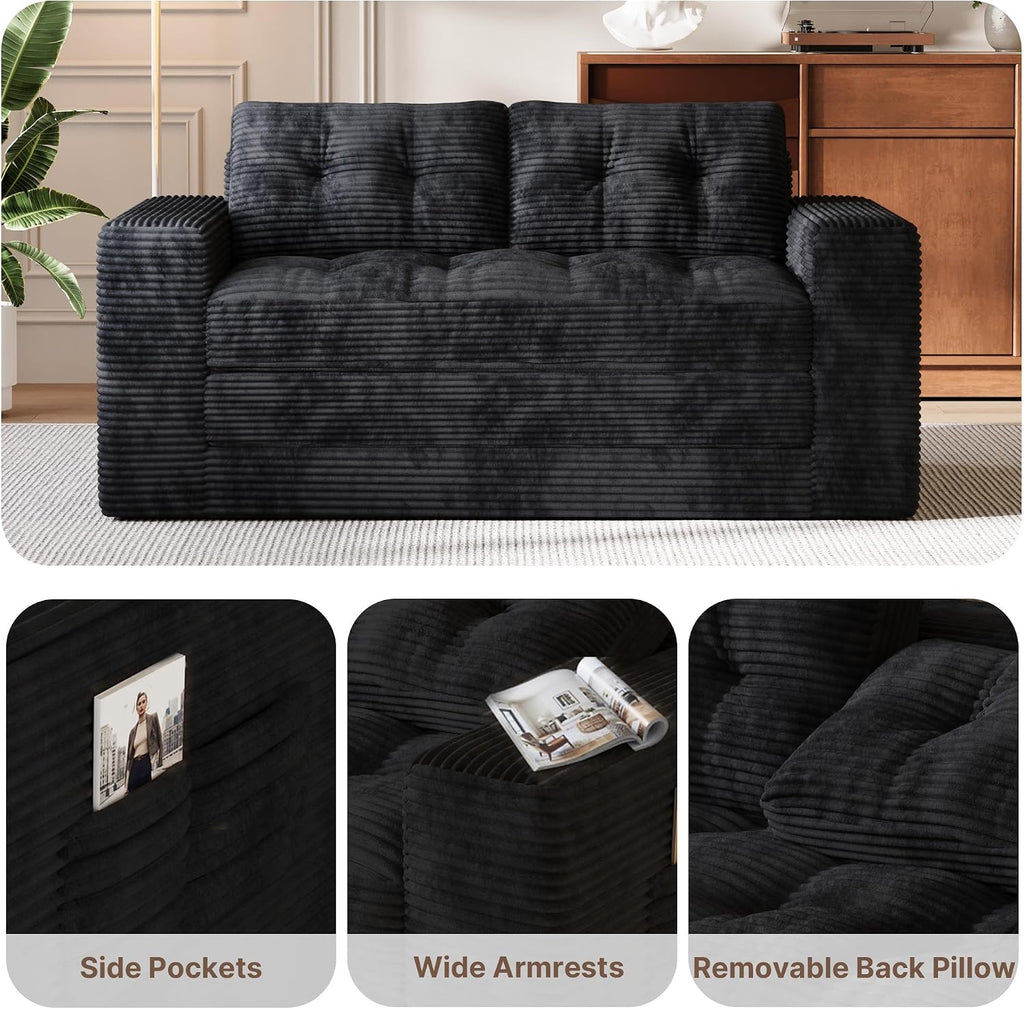 Gizoon Couch Bed Small Floor Couch 59" Convertible Sleeper Sofa | Folding Sofa Bed with 2 Pillows & Memory Foam, Corduroy Pull Out Couch for Small Spaces, Apartment, Living Room, Black