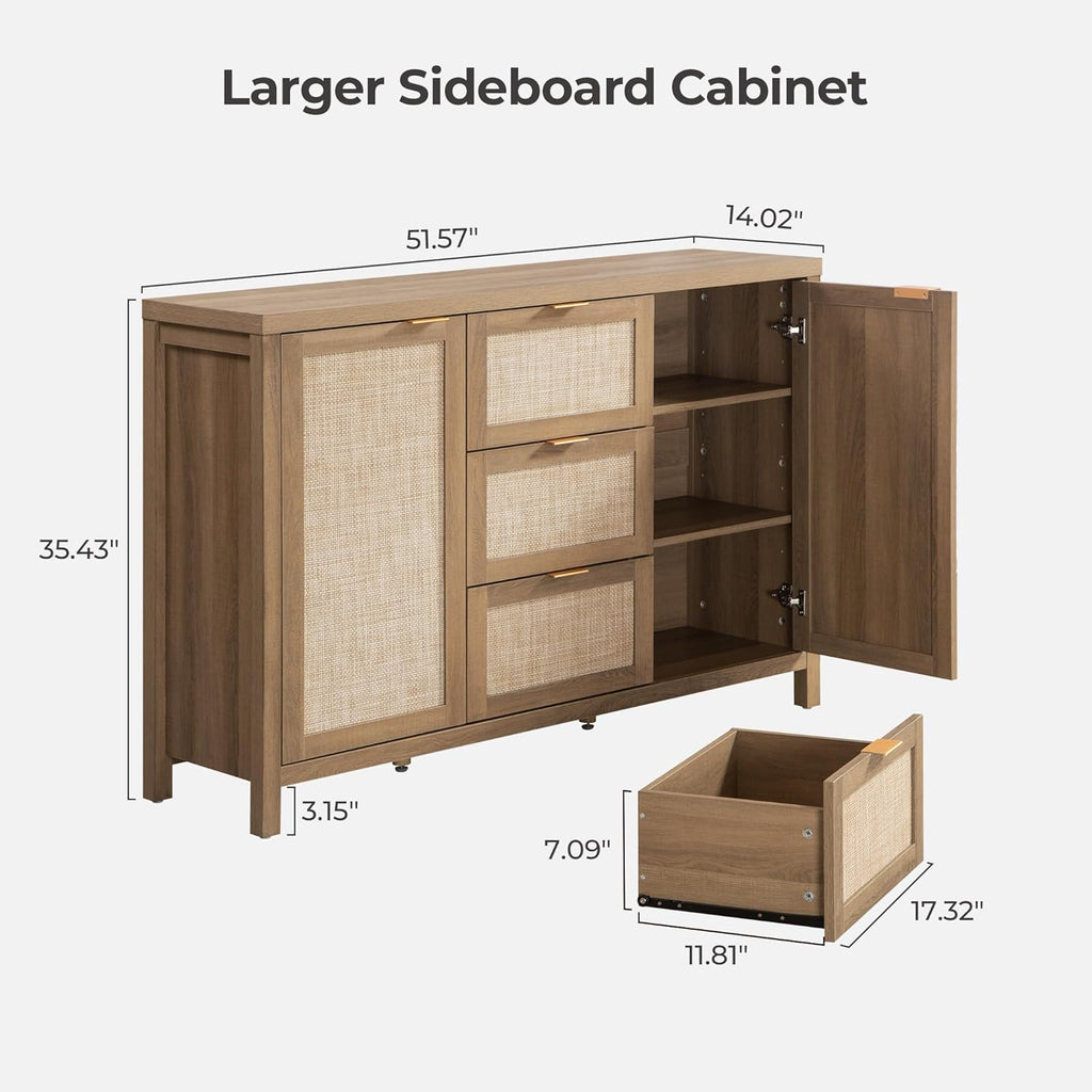 SICOTAS Rattan Sideboard Buffet Cabinet with Storage - 52" Larger Farmhouse Credenza Storage Coffee Bar Cabinet with 3 Drawers & 2 Doors, Boho Console Table for Living Room, Kitchen, Caramel Oak