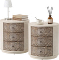 HOMPUS Round End Table Set 2, Fully Assembled Nightstand w 3 Storage Drawers, Farmhouse Wood Dresser Set of 2, Vintage Nightstand Bedside Tables, Aceent End Tables for Bedroom, Rustic White