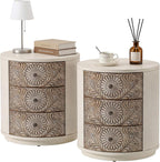 HOMPUS Round End Table Set 2, Fully Assembled Nightstand w 3 Storage Drawers, Farmhouse Wood Dresser Set of 2, Vintage Nightstand Bedside Tables, Aceent End Tables for Bedroom, Rustic White