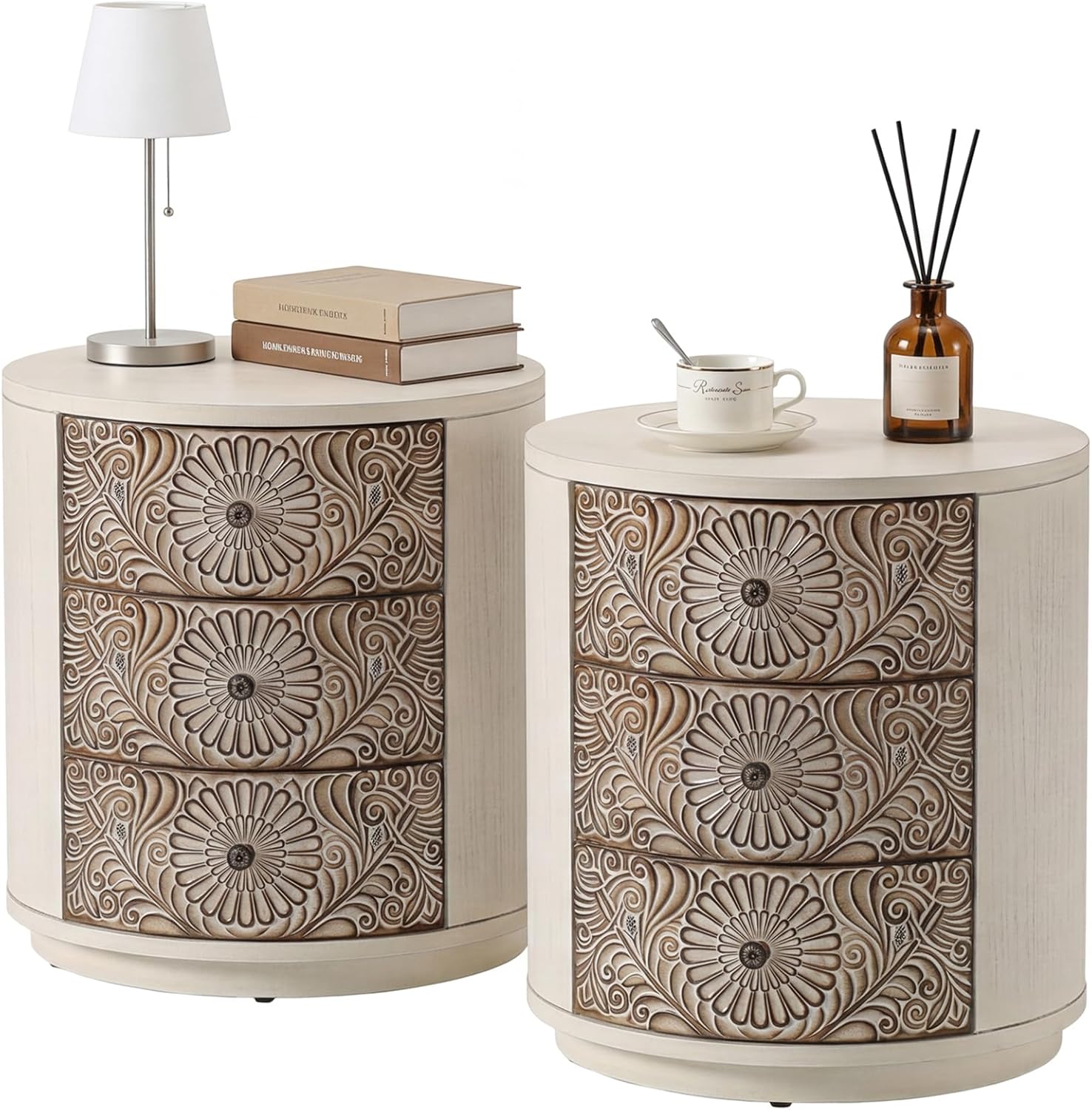 HOMPUS Round End Table Set 2, Fully Assembled Nightstand w 3 Storage Drawers, Farmhouse Wood Dresser Set of 2, Vintage Nightstand Bedside Tables, Aceent End Tables for Bedroom, Rustic White