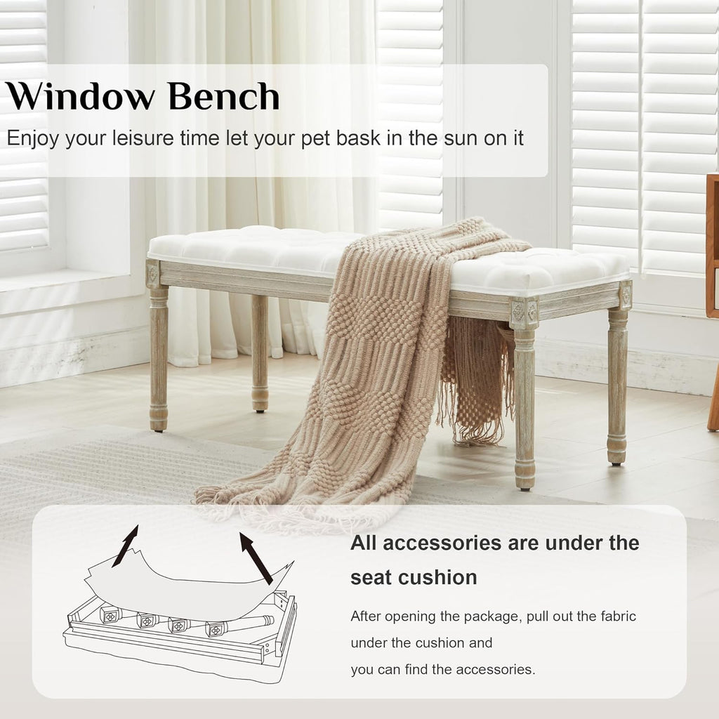 LOULENS 43.9" Linen Fabric End of Bed Bench, Vintage French Upholstered Button Tufted Entry Bench, Window Seat with Carved Wood Legs for Bedroom, Living Room, Entryway, Foyer, Hallway, White
