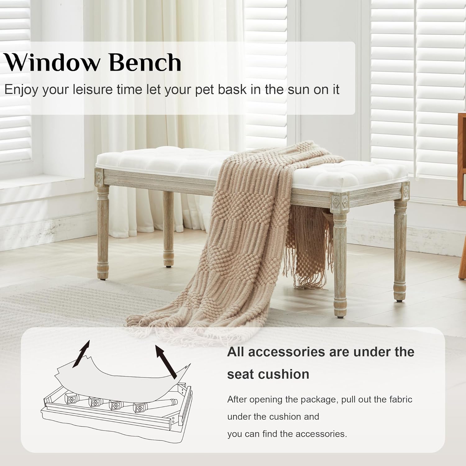 LOULENS 43.9" Linen Fabric End of Bed Bench, Vintage French Upholstered Button Tufted Entry Bench, Window Seat with Carved Wood Legs for Bedroom, Living Room, Entryway, Foyer, Hallway, White