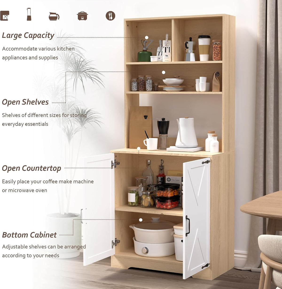 71" Tall Pantry Cabinet, Kitchen Cabinet with Microwave Stand & Storage Shelves, Farmhouse Kitchen Hutch Storage Cabinet with Doors, Buffet Cabinet Food Pantry Cupboard for Kitchen, Dining Room