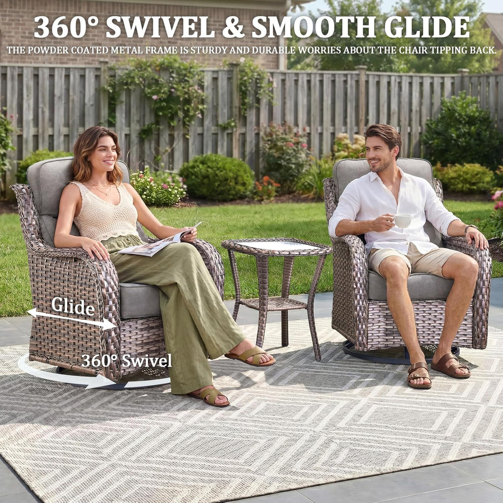 Luxury Swivel Rocker Chairs Fire Pit Table Set with 6" Thick Cushion 4 piece Wicker Outdoor Patio Chair with Sofa,Comfortable High Back Outdoor Patio Furniture Set - Brown | Gery