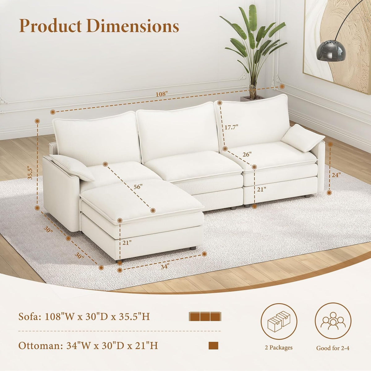 Vesgantti 108" Modular Sectional Sofa, Comfy Cloud Couch with Movable Ottoman Deep Seat Chenille L Shaped Modular Sofa, Sectional Couches for Living Room, Bedroom and Apartment, Snow White