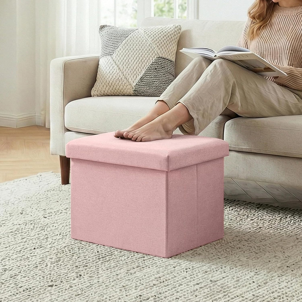 16.5 Inch Small Rectangular Storage Ottoman, Collapsible Footrest | Linen Fabric, Hidden Storage, Foldable Footstool with Padded Lid, Compact Size for Living Room, Bedroom and Dorm, Pink