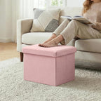 16.5 Inch Small Rectangular Storage Ottoman, Collapsible Footrest | Linen Fabric, Hidden Storage, Foldable Footstool with Padded Lid, Compact Size for Living Room, Bedroom and Dorm, Pink