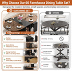 5 PCS Farmhouse Dining Table Set for 4,60" Large Round Folding Dining Table Set w/ 4 Leather Chairs, Drop Leaf Oval Modern Kitchen Table for Small Spaces,6 Wheels,2-Layer Storage Shelf,Walnut