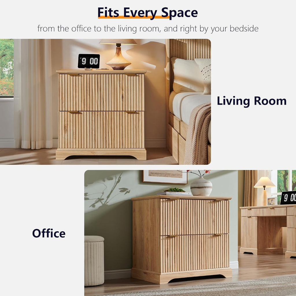 30"File Cabinet W/Charging Station, w/Files Hanging Rod for Letter/Legal/A4 | 2 Drawer File Cabinet, Large Tabletop for Printer, Office Wood Printer Cabinets, Oak